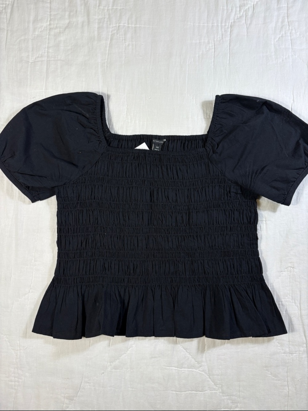 NWT Ann Taylor Black Square Neck Smocked Puff Sleeve Peplum Top Blouse XXS